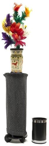 Harbin (Robert) Vanishing Vase and Flowers: Harbin (Robert) Vanishing Vase and Flowers,comprising vase with ancient Egytian decoration, black sleeve, feather flowers, and circular stand with full-length silver-striped black fabric surro