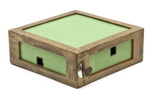 Harbin (Robert) Fourth Dimensional Box: Harbin (Robert) Fourth Dimensional Box,constructed by Robert Harbin from painted wood and hardboard, holes in the sides to pass through dowels, one side with rotating knob, 310mm. square, 115m