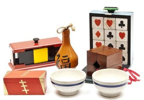 Massey (Edward) Squeez-away Blocks: Massey (Edward) Squeez-away Blocks,yellow and black wooden cubes in red stand with expanding metal flap in base § Lewis (Eric C.) The Curious Cubes, 12 wooden cubes with suite signs on surface