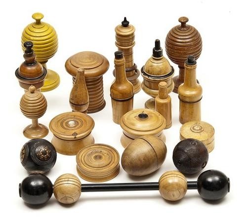 .- A collection: .- A collection,including two sets of thumb screws, a grandmother's necklace, balls on a rod, pillars of Solomon, and others in turned wood, including six ball boxes, two with plungers, three