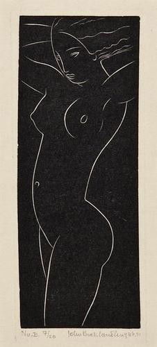 John Buckland-Wright (1897-1954) Nu 'E' (B.W. L65: John Buckland-Wright (1897-1954) Nu 'E' (B.W. L65)the rare wood engraving, 1931, signed, titled and dated in pencil, numbered 17/20, with the studio stamp verso, on thin Japan paper, with ful