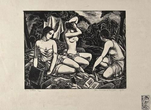 John Buckland-Wright (1897-1954) Three Bathers (B.: John Buckland-Wright (1897-1954) Three Bathers (B.W. L96)wood engraving, 1933, signed, titled and dated in pencil, numbered 11/30, one of only 16 impressions printed, with the studio stamp on