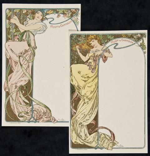 MUCHA, Alphonse MENU, Mo‰t et Chandon lithographs: MUCHA, Alphonse MENU, Mo‰t et Chandon lithographs in colours, printed by F.Champenois, Paris, condition A, on card 5 1/2 x 4in. (14 x 10cm.) (2)