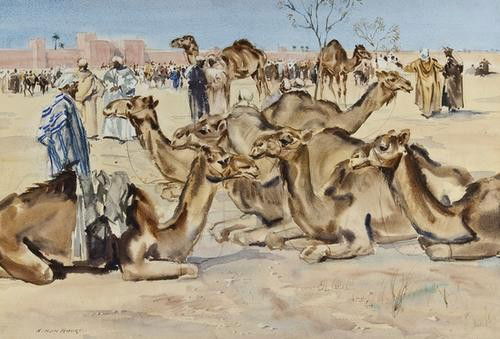 Simon Hodge (20th century) Camel market outside a: Simon Hodge (20th century) Camel market outside a walled city watercolour over pencil, signed lower left, 43.5 x 64 cm (17 1/4 x 25 1/4 in) IMPORTANT: This