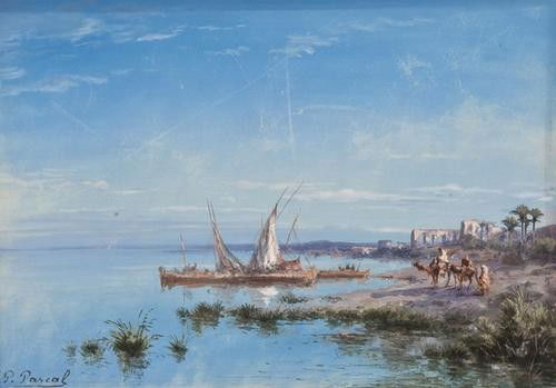 Paul Pascal (1832-1903) Bords du Nil a Thebes a Eg: Paul Pascal (1832-1903) Bords du Nil a Thebes a Egypte bodycolour on thin card, signed lower left, 20.5 x 29.5 cm. (8 x 11 1/2 in) Condition report: surface marks, with some surface loss, sl