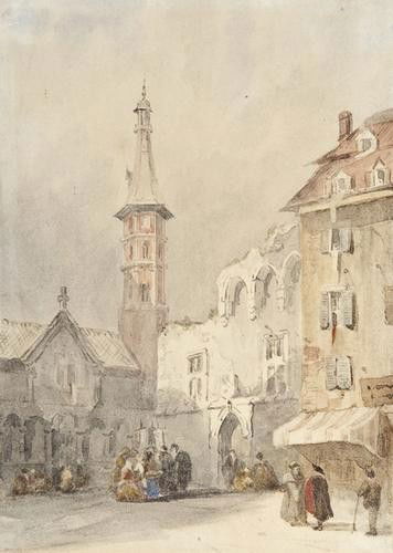 19th century English School A North European town: 19th century English School A North European town square watercolour, tipped onto mount bearing attribution to David Roberts, 18.5 x 13 cm (7 1/4 x 5 in) Manner of Edward Lear Col de Jaman f