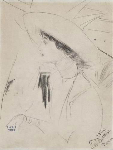 Giovanni Boldini (1842-1931) Portrait sketch of Mr: Giovanni Boldini (1842-1931) Portrait sketch of Mrs Walter Lewisohn pencil drawing on notepaper, headed 'Vera R.V.Y.C.', signed and inscribed '41 Bd Berthier, Paris', lower right, 21.5 x 17 c