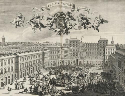 Romeyn de Hooghe Prospectus Plateae Veteris Ante C: Romeyn de Hooghe Prospectus Plateae Veteris Ante Castrum, perspective view of the Piazza Castello in Turin, after Tommaso Borgonio, c.1670, engraving, 455 x 615mm Condition report: slight br