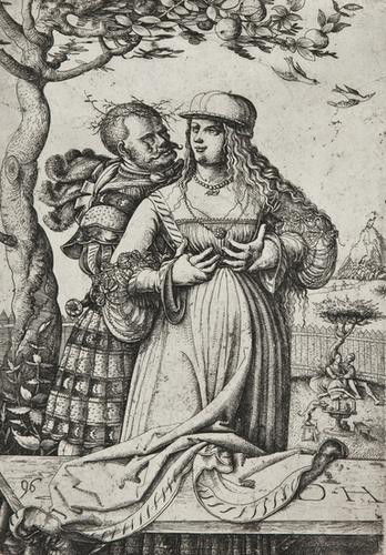 After Daniel Hopfer The Lovers etching on thin lai: After Daniel Hopfer The Lovers etching on thin laid paper, a close copy of the 2nd state, c.1550 or later, 225 x 155mm., unframed Condition report: margins at sides, thread margins above a