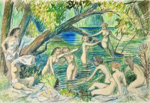 Buckland Wright (John) Nude Bathers: Buckland Wright (John) Nude Bathers,original coloured pencil and watercolour drawing of 9 nude female bathers in a river/lake setting surrounded by trees, studio stamp on verso, matted and fra