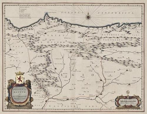 Spain.- Blaeu (Johan & Willem) Legionis Regnum et: Spain.- Blaeu (Johan & Willem) Legionis Regnum et Asturiarum Principatus,engraved map with early hand-colouring in outline, the title cartouche heightened with gold, 385 x 500mm., Latin text v