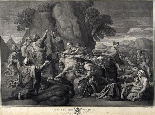 Jean Baptiste Michel Moses Striking The Rock: Jean Baptiste Michel Moses Striking The Rock,after Nicholas Poussin, engraving, 1778, John & Josiah Boydell, 470 x 590mm.(18 1/2 x 23 in). Condition report: Faint browning and minor margi