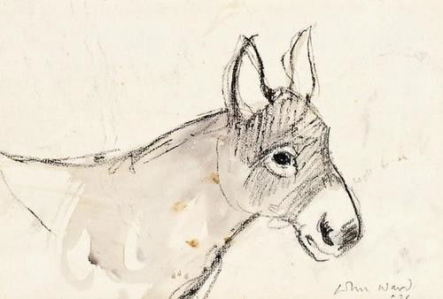 John Stanton Ward RA (1917-2007) A sketch of Donke: John Stanton Ward RA (1917-2007) A sketch of Donkey,watercolour over charcoal, signed and dated '76 at lower right, 16 x 23 cm (6 1/4 x 9 in). Condition report: Surface dirt, a few spots whi