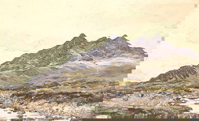 Sir David Muirhead Bone (1876-1953) the coolins,: Sir David Muirhead Bone (1876-1953) the coolins, skye, from sligahan signed; titled and inscribed Igurr-nan-Gillian (The "Peak of the Young Men") on the reversewatercolour over black crayon on