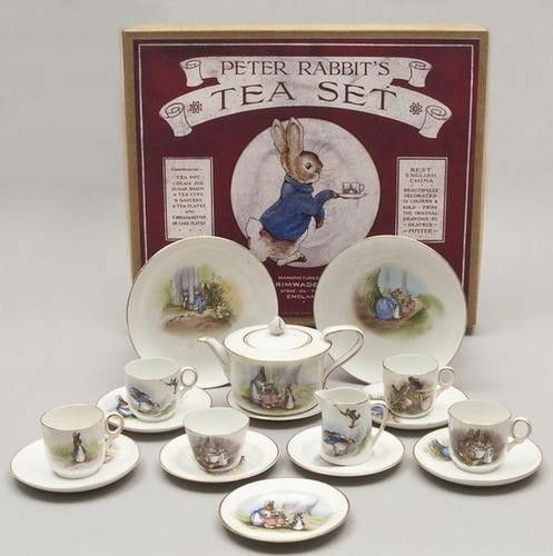 Beatrix Potter.- Peter Rabbit's Tea Set: Beatrix Potter.- Peter Rabbit's Tea Set,original 17 piece china tea set comprising tea pot, cream jug, sugar basin, 4 tea cups, 4 saucers, 4 tea plates, 2 bread & butter/cake plates, decor