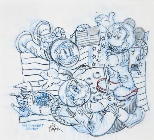 Royer (Mike) Mickey Mouse and friends in space: Royer (Mike) Mickey Mouse and friends in space,original drawing in blue pencil, rough concept design for pin/badge, signed by the artist, matted. image 250 x 270mm., n.p., n.d.[1995]
