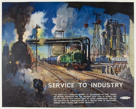CUNEO, Terence (1907-1996) SERVICE TO INDUSTRY: CUNEO, Terence (1907-1996) SERVICE TO INDUSTRYlithograph in colours, c.1950, printed by Waterlow & Sons Ltd, London cond. A-, backed on old linen 40 x 50 in. (102 x 127cm.)