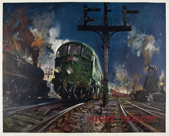 CUNEO, Terence NIGHT FREIGHT: CUNEO, Terence NIGHT FREIGHTlithograph in colours, 1960, printed by Waterlow & Sons Ltd, London cond. A-, backed on linen 40 x 50 in. (102 x 127cm.)