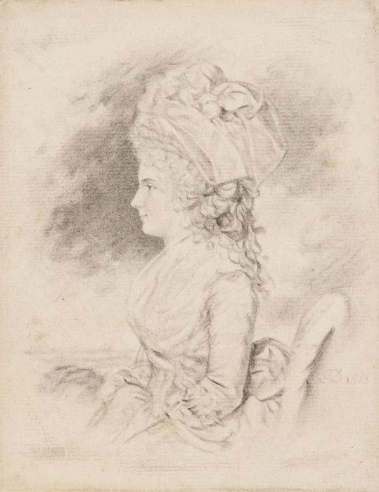 John Downman (1750-1824) Portrait of a lady: John Downman (1750-1824) Portrait of a lady,half-length, seated with hands in the lap of her full skirted silk dress, with fichu and wearing a turban, black chalk with touches of watercolour o