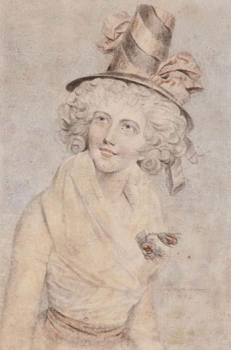 John Downman (1750-1824) Portrait of a lady: John Downman (1750-1824) Portrait of a lady,half-length with fichu and rosebud corsage, wearing a beribboned regency top hat over powdered hair, watercolour over black chalk within a painted r