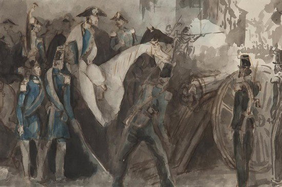 Constantin Guys (1802-1892) Scène de bataille dans: Constantin Guys (1802-1892) Scène de bataille dans un rue,pen and brown ink with blue and grey wash, collector's labels and 1959 Paris exhibition label on backboard, 23.5 x 35cm (9 1/4 x 13 3/