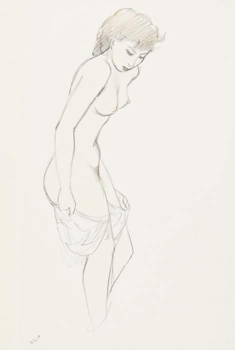 John Buckland-Wright (1897-1954) Standing Girl Dre: John Buckland-Wright (1897-1954) Standing Girl Dressing,coloured pencil on paper, dated 4.12.50 lower left , with the estate stamp on reverse, 35.5 x 22cm (14 x 8 3/4 in), unframed. *** Prov