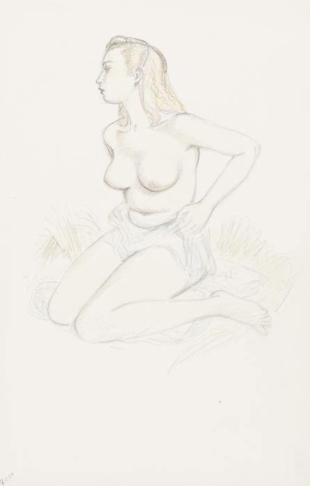 John Buckland-Wright (1897-1954) Girl in a Field: John Buckland-Wright (1897-1954) Girl in a Field,coloured pencil on paper, dated 9.10.50 lower left, with the estate stamp on reverse, 35.5 x 22cm (14 x 8 in), unframed. *** Provenance: coll