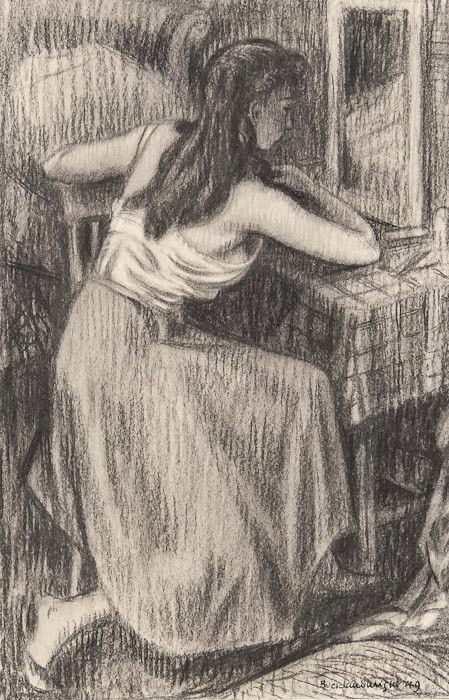 John Buckland-Wright (1897-1954) Girl at Dressing: John Buckland-Wright (1897-1954) Girl at Dressing Table,charcoal on paper, signed and dated '49 in black ink lower right, with the estate stamp on reverse, 38 x 25cm (15 x 9 7/8 in) *** Prov