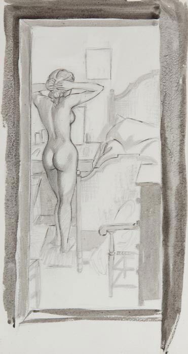 John Buckland-Wright (1897-1954) The Bedroom: John Buckland-Wright (1897-1954) The Bedroom,pencil, pen and ink wash, dated 16.1.40 in pencil and with the estate stamp on reverse, 29 x 15cm (11 1/2 x 6 in). *** Provenance: collection of