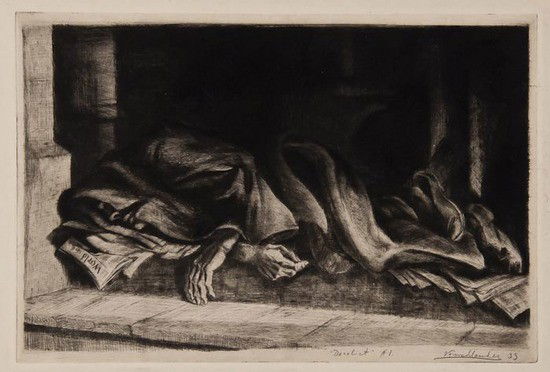 Isaac Friedlander In the dark: Isaac Friedlander In the dark,etching, 1933, signed and dated in pencil lower right, inscribed Derelict #1 in pencil, 230 x 350mm (9 x 13 3/4 in), unframed.