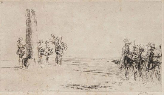 James McBey Palestine, Blue Bonnets O'er the Borde: James McBey Palestine, Blue Bonnets O'er the Border,etching, signed and dated 1920 in ink, from an edition of 76, 175 x 310mm (6 3/4 in x 12 1/4 in). Condition report: Even browning, with som