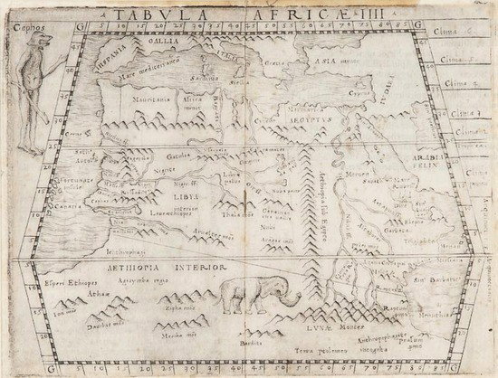 Gastaldi (Giacomo) Tabula Africae IIII: Gastaldi (Giacomo) Tabula Africae IIIIwood-engraved map of northern Africa, small dog-headed figure at margin, 130 x 180mm., very light spotting, central vertical fold, c.1548 § Sanson (Nicola