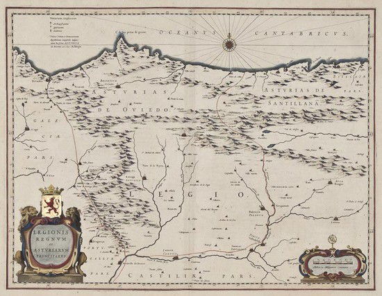 Spain.- Blaeu (Johan & Willem) Legionis Regnum et: Spain.- Blaeu (Johan & Willem) Legionis Regnum et Asturiarum Principatus,engraved map with early hand-colouring in outline, the title cartouche heightened with gold, 385 x 500mm., Latin text v
