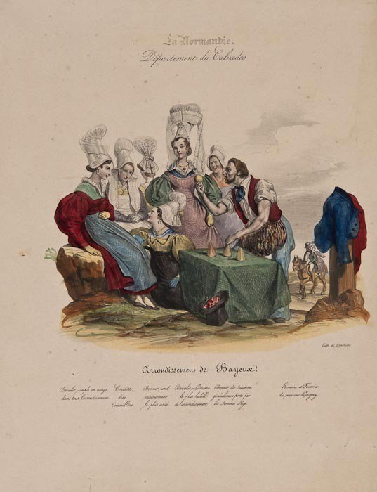 Anon. Normandie (La),Départment du Calvados, Arron: Anon. Normandie (La),Départment du Calvados, Arrondissement de Bayeux,lithographed costume plate by Lemercier depicting a conjuror performing with cups and balls for a group of women, slightly
