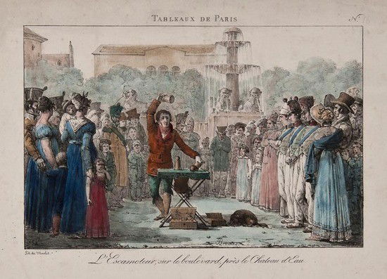 Marlet (Jean Henri) L'Escamoteur sur le boulevard: Marlet (Jean Henri) L'Escamoteur sur le boulevard, près le Chateau d'Eau,("Tableaux de Paris" plate 17), lithograph after Brocas, coloured by hand, margins soiled, with accompanying leaf of te