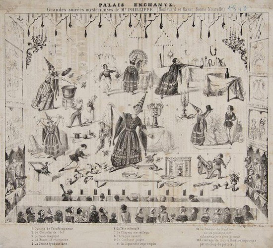 Philippe [Jacques André Noel Talon].- Grandes soir: Philippe [Jacques André Noel Talon].- Grandes soirées mysterieuses de Mr. Philippe,lithograph by Marisset depicting Philippe on stage, performing 6 different tricks, slightly spotted, in paper