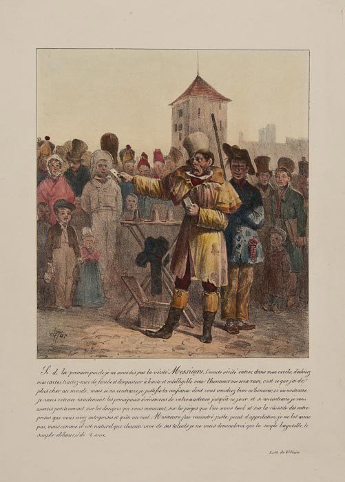 Raffet (Auguste) "Si de la première parole.": Raffet (Auguste) "Si de la première parole.",lithograph by Villain after Raffet depicting a conjuror with cards and cups and balls, coloured by hand, extensive text below, in heavy card mount,