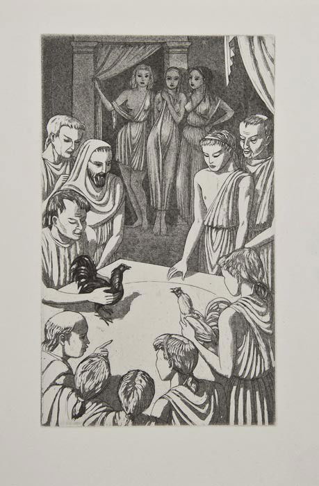 John Buckland-Wright (1897-1954) The Cock Fight: John Buckland-Wright (1897-1954) The Cock Fightengraving with sugar lift aquatint, 1952, with the studio stamp verso, on wove paper, with full margins,210 x 120 mm (8 1/4 x 4 1/4 in)