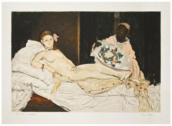 Jacques Villon (1875-1963), after Manet Olympia: Jacques Villon (1875-1963), after Manet Olympiaetching with aquatint printed in colours, 1926, a good impression, signed in pencil, an artist's proof aside from the edition of 200, on wove pap