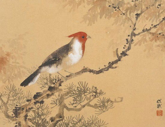 Cheng-Wu Fei (Chinese, b.1914) Red Cardinal: Cheng-Wu Fei (Chinese, b.1914) Red Cardinal,watercolour and ink, signed and ink-stamped lower right, exhibition label of Rowland Ward Ltd on backboard, 25 x 31.5cm (9 7/8 x 12 3/8 in); with a