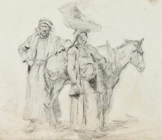 Ernest Borough Johnson (1866-1949) Arab man and wo: Ernest Borough Johnson (1866-1949) Arab man and woman with donkey,charcoal study, 37 x 44.5cm (14 1/2 x 17 1/2 in); with a pair of Egyptian views, Cairo and Luxor, watercolours, initialled W,
