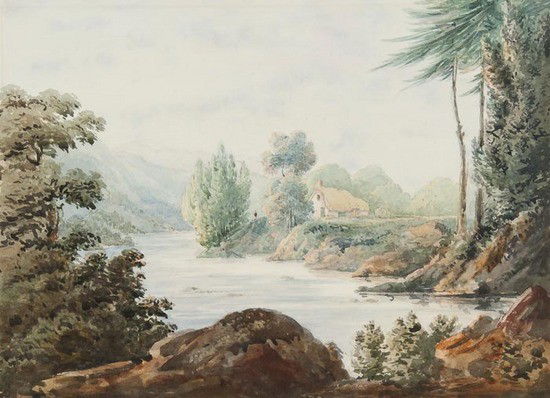 John Baverstock Knight (1785-1859) A river landsca: John Baverstock Knight (1785-1859) A river landscape with a distant figure alongside a small cottage,watercolour, 27 x 37cm (10 1/2 x 14 1/2 in); with a small watercolour view of 2 figures bef