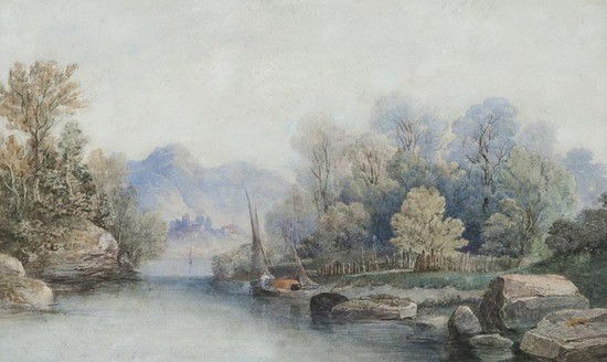James Burrell Smith (1822-1897) River view with di: James Burrell Smith (1822-1897) River view with distant town,watercolour, 25.5 x 42.5cm (10 x 16 3/4 in).