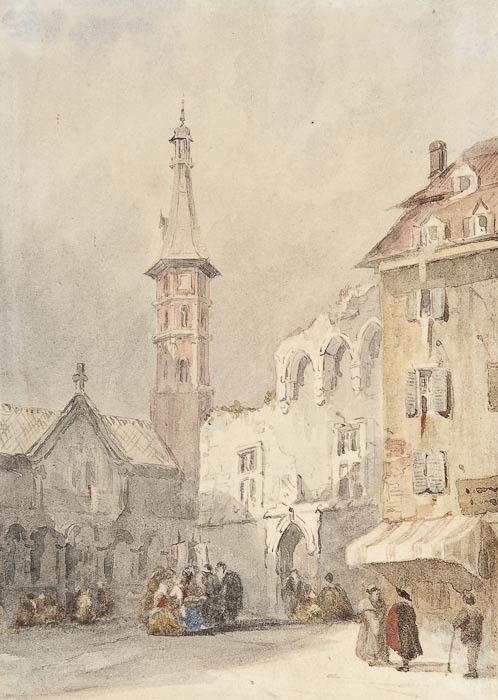 19th century English School A North European town: 19th century English School A North European town square,watercolour, tipped onto mount bearing attribution to David Roberts, 18.5 x 13 cm (7 1/4 x 5 in); with another in the manner of Edward