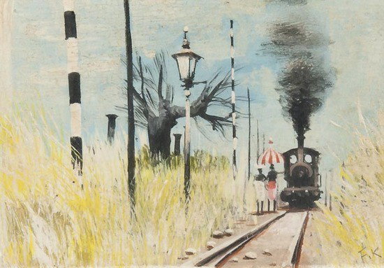 Felix Kelly (1917-1994) African steam train: Felix Kelly (1917-1994) African steam train,oil on board, signed with initials lower right, 8 x 11.5cm (3 1/8 x 4 1/2 in).