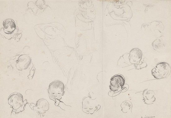 Henri Lebasque (1865-1937) Child head studies: Henri Lebasque (1865-1937) Child head studies,pencil, on wove paper, signed lower right, 26 x 37 cm (10 x 14 1/2 in), unframed. Condition report: damp-stain and slight damage to upper right,