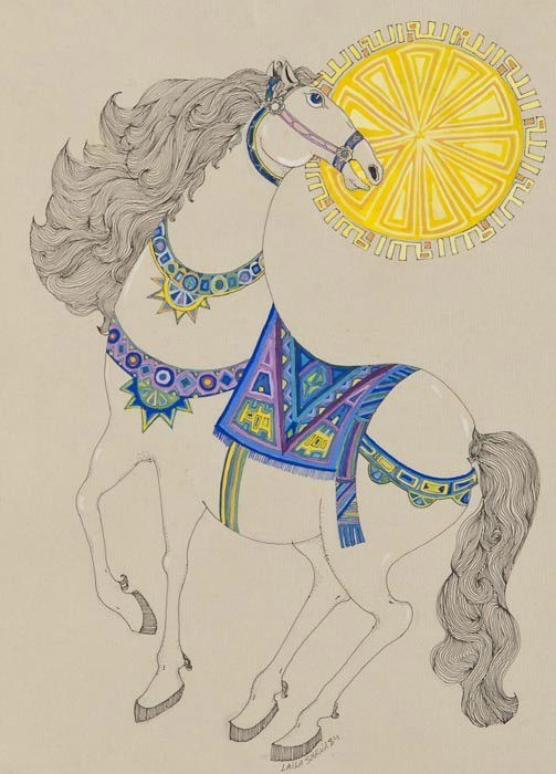 Laila Shawa (b.1940) A rearing horse: Laila Shawa (b.1940) A rearing horse,pen and ink, heightened with acrylic, signed and dated in ink, centre right, 1984, 29.5 x 21cm (11 1/2 x 8 1/4 in); A pair of horses, pen and ink with acry