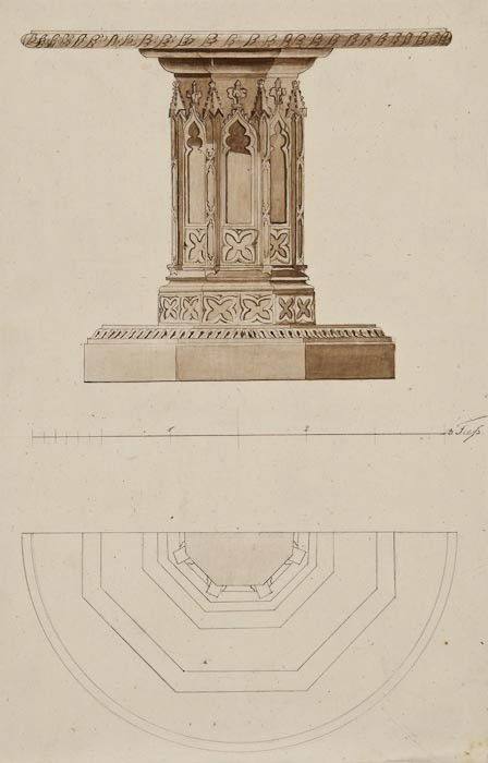 19th century German School. A group of furniture d: 19th century German School. A group of furniture designs in the gothic style,12 drawings of carved tables, table tops, chairs, a bed, a desk and a stool, pencil drawings, most with monochrome