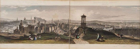 T. Steuart Edinburgh from the Calton Hill: T. Steuart Edinburgh from the Calton Hill,panoramic hand-coloured engraving, 6 sheets, backed on linen, 19th century, with an engraved map of Edinburgh pasted on the reverse of far right sheet