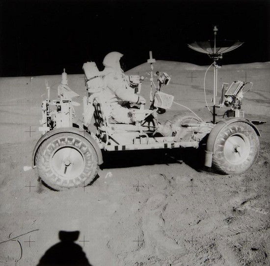 James Irwin David Scott drives the Lunar Rover, Ap: James Irwin David Scott drives the Lunar Rover, Apollo 15, August 1971Vintage gelatin silver print, 18.2 x 18.5cm (7 1/8 x 7 1/4in), description printed verso, numbered NASA AS15-85-11471 in b